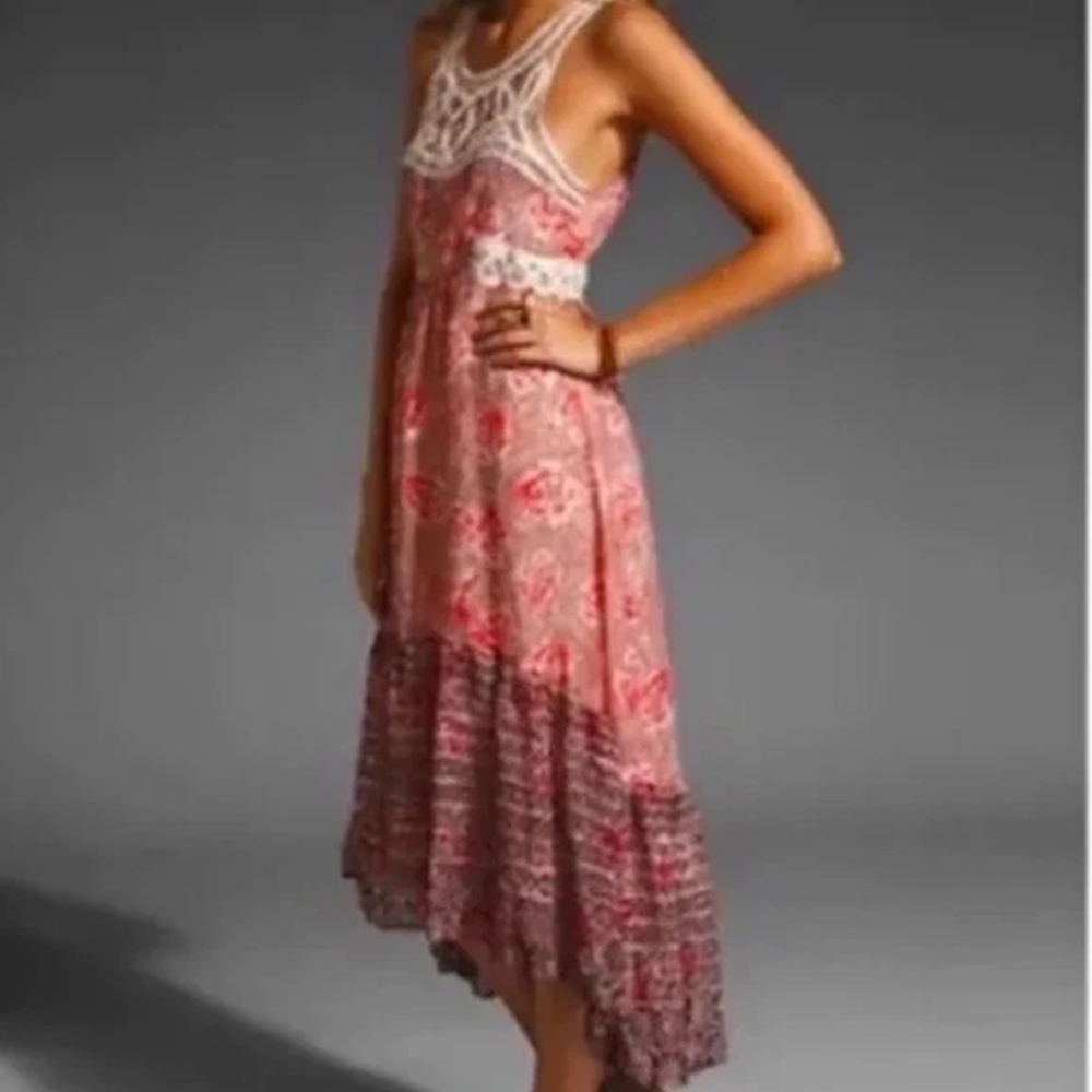 Free People Native Rose Pink Lace Bohemian Midi Patchwork Dress size 4